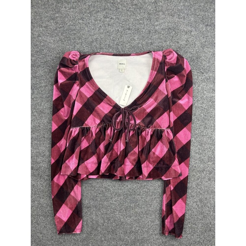 Maeve Anthropologie Blouse Womens Small Pink Velour V Neck‎ Puff Sleeve Cropped